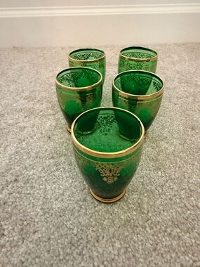 Set of 5 Emerald Green Gold-Trimmed liquor glasses